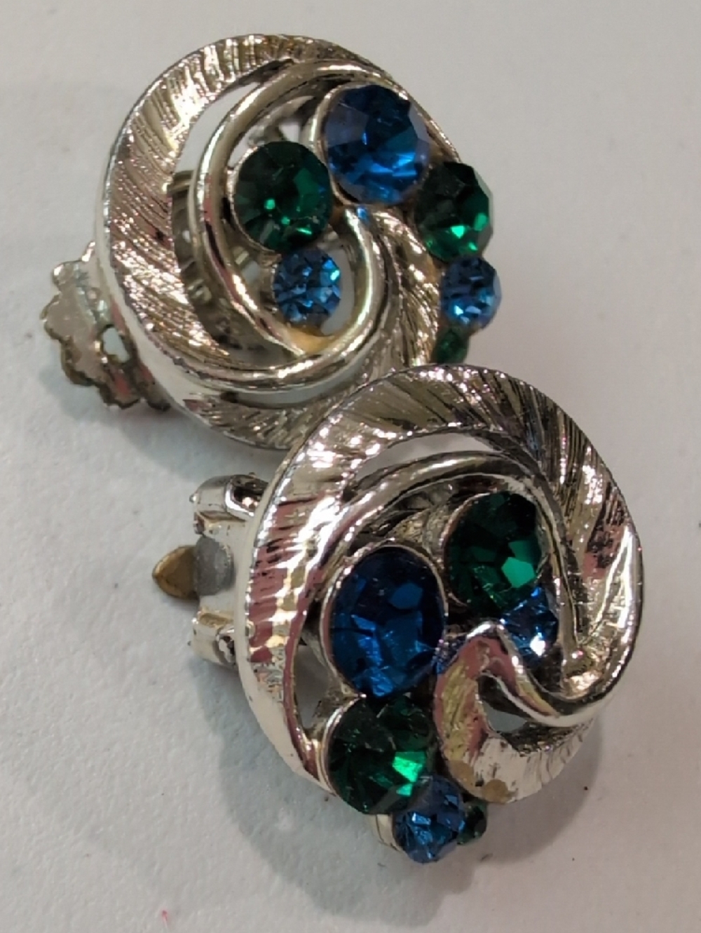Vintage Silver-Tone Clip-On Earrings with Blue and Green Crystals